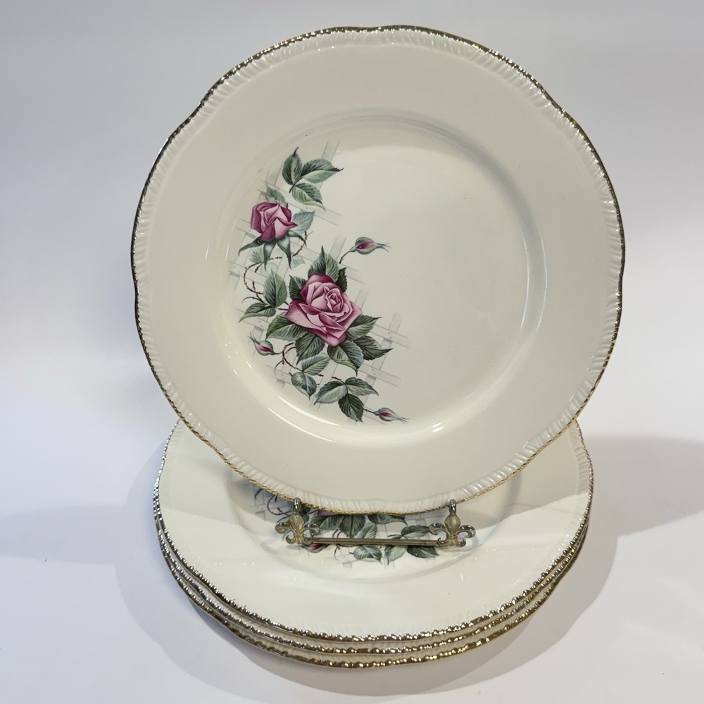 Vintage Homer Laughlin Ivory & Gold Rim Lattice Rose 10" Dinner Plate Set of 4